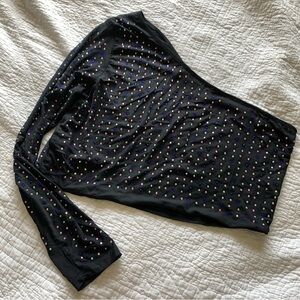 Black One-Shoulder Rhinestone Crop Top